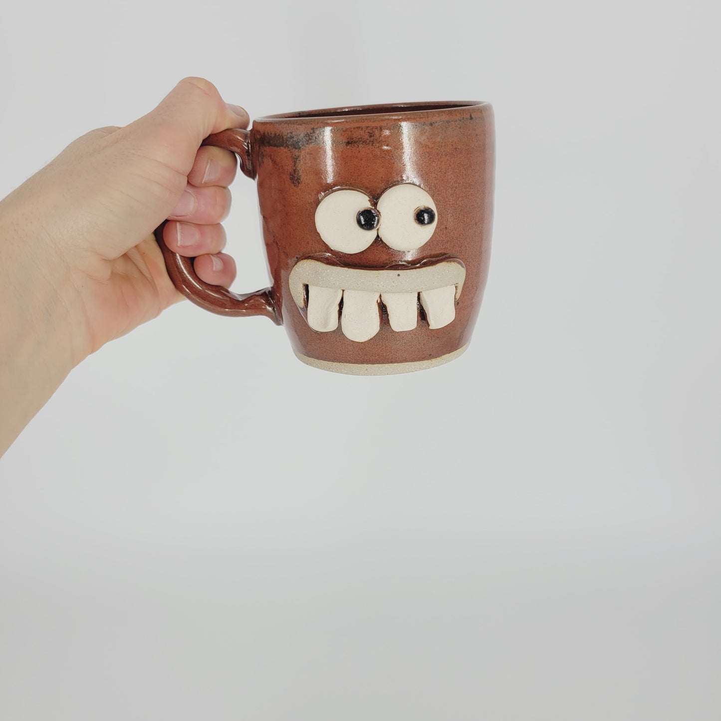 Ceramic Coffee Cup in Rustic Red Brown | UG CHUG Funny Face Mug | Handmade Stoneware Pottery