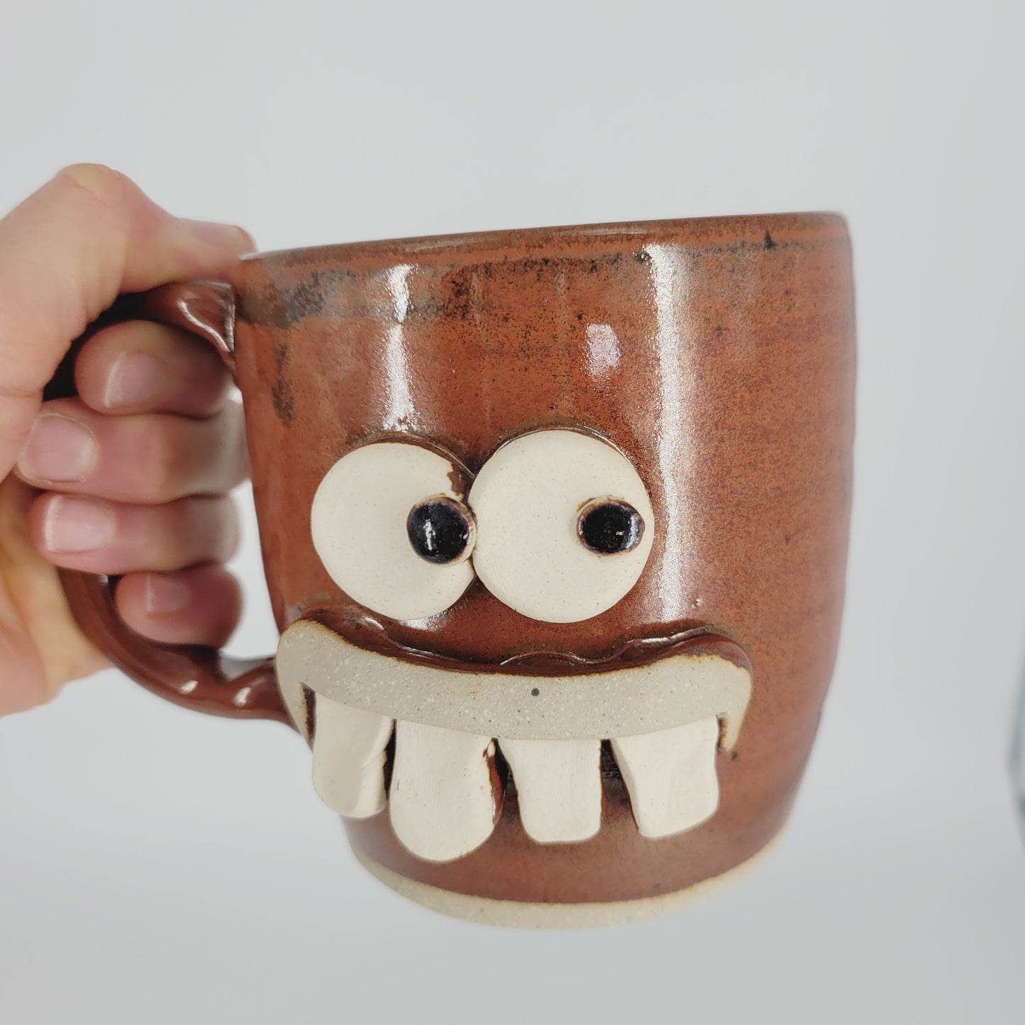Ceramic Coffee Cup in Rustic Red Brown | UG CHUG Funny Face Mug | Handmade Stoneware Pottery
