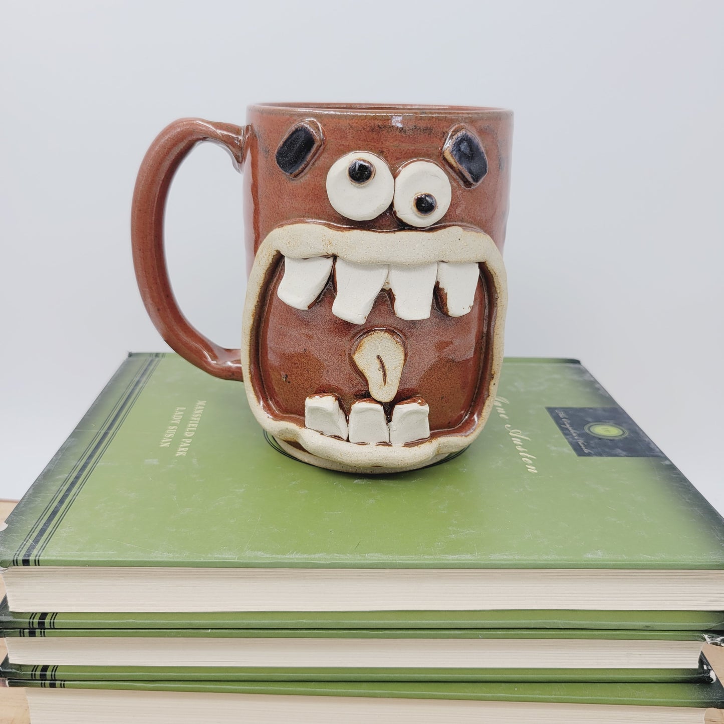 Crazy Happy Smiley Face Mug | Googly Eyes Funny Coffee Cup | 20 Ounces | Red | Handmade Stoneware Pottery | Unique Guy Gifts
