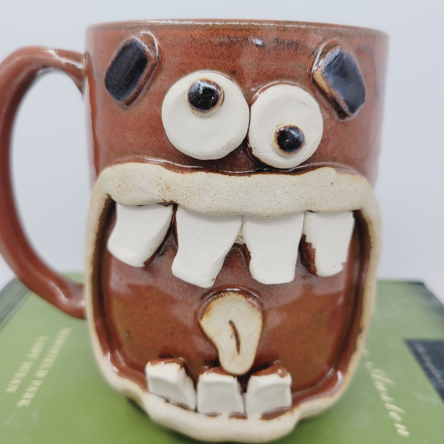 Crazy Happy Smiley Face Mug | Googly Eyes Funny Coffee Cup | 20 Ounces | Red | Handmade Stoneware Pottery | Unique Guy Gifts