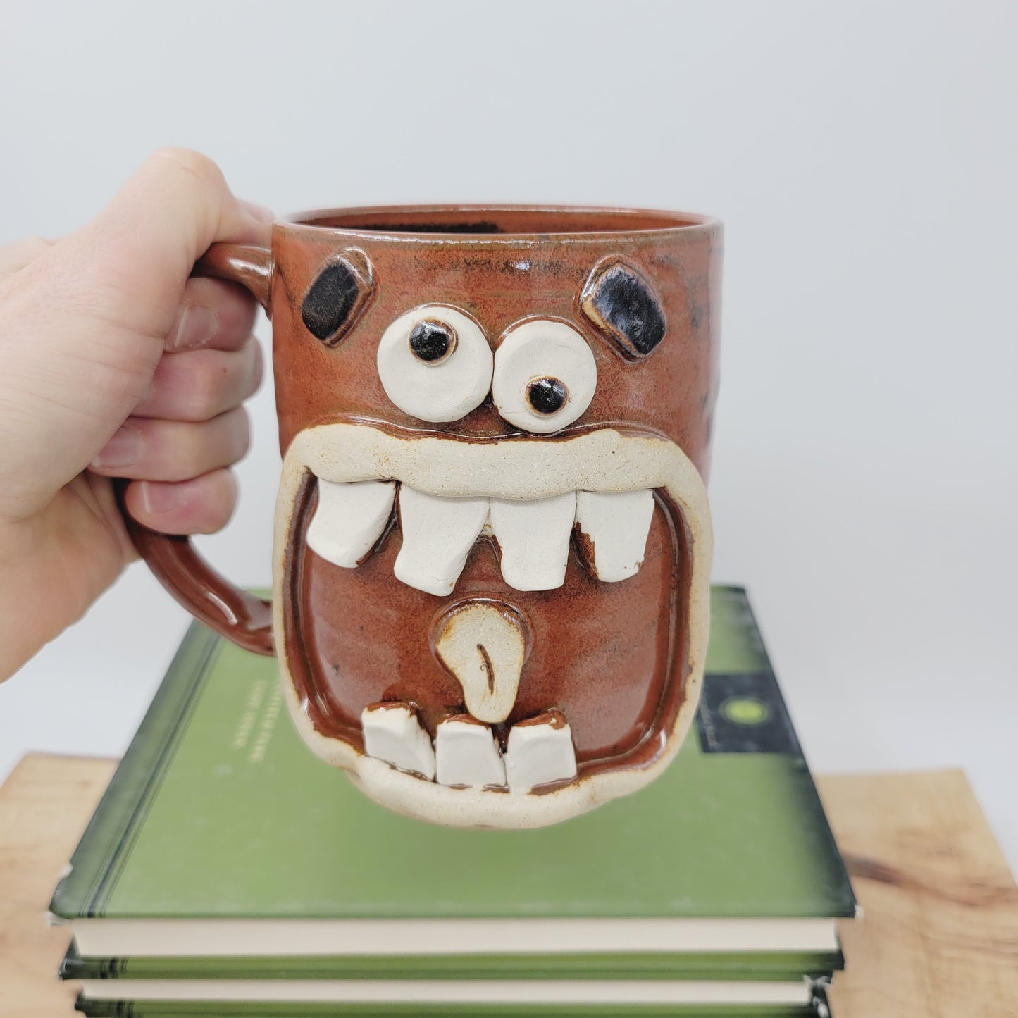 Crazy Happy Smiley Face Mug | Googly Eyes Funny Coffee Cup | 20 Ounces | Red | Handmade Stoneware Pottery | Unique Guy Gifts