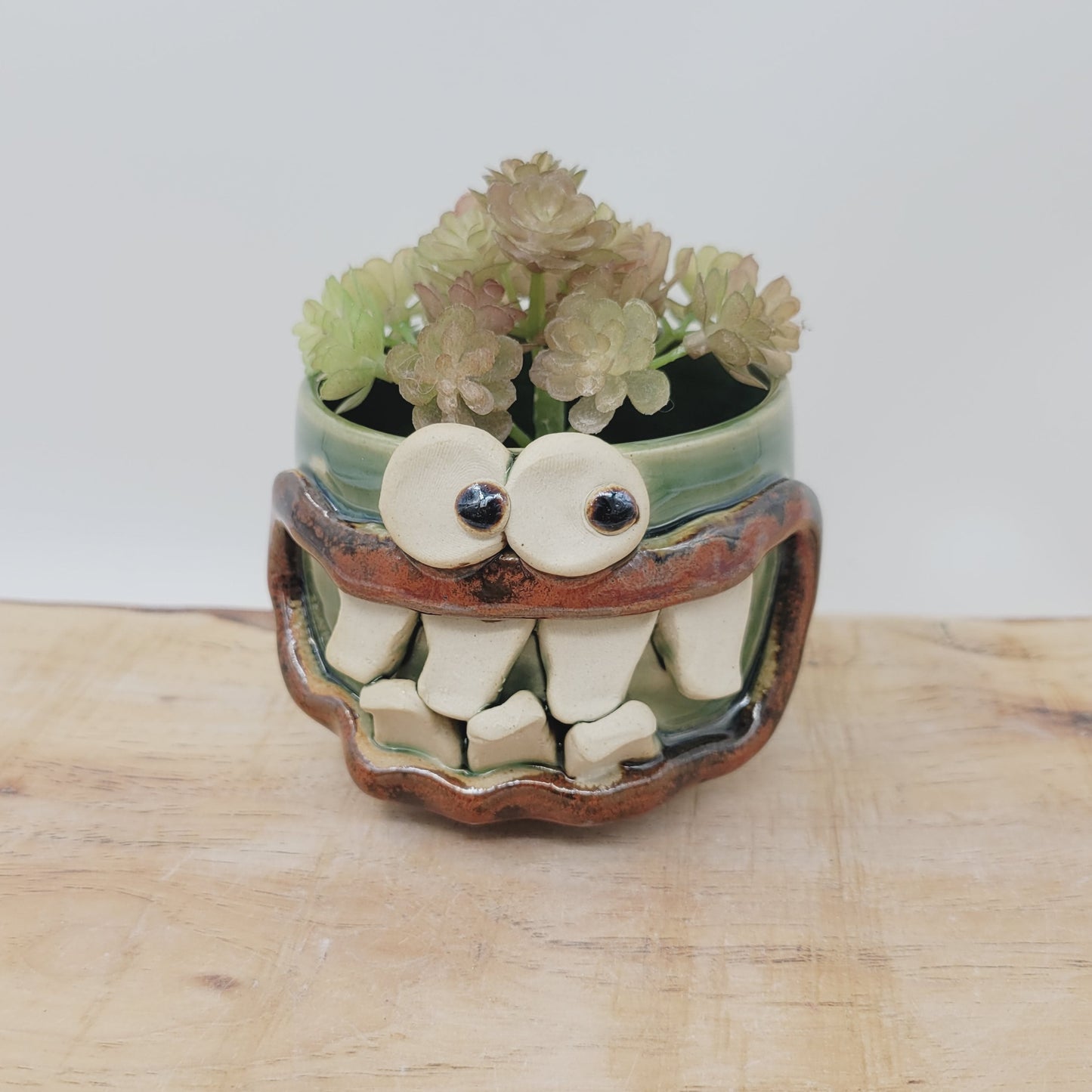 Handmade Pottery Succulent Planter | Mini Container Face Pot| Green | Nelson Studio Ug Chug