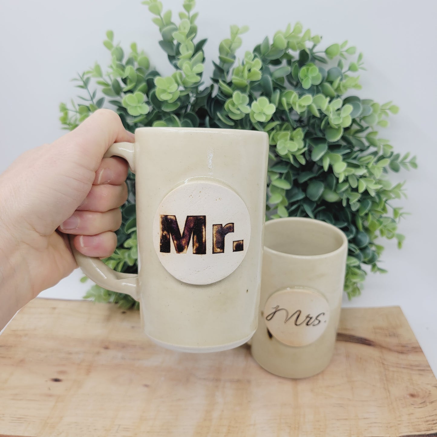 Mr. and Mrs. Mugs | White Wedding Gift | Couples Coffee Cup Pair | Cream | Medium 12 Ounces