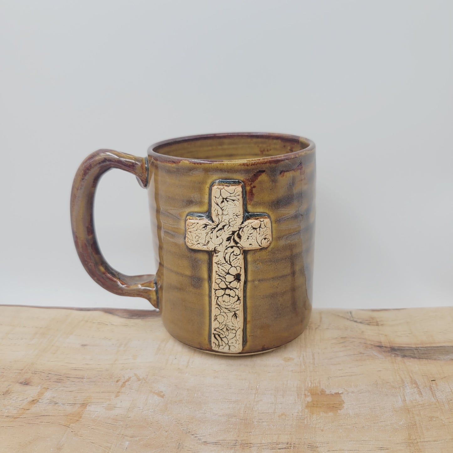 Cross Coffee Cup with Delicate Floral Pattern | Christian Mug | Easter Morning | 16 Ounces | Caramel Brown