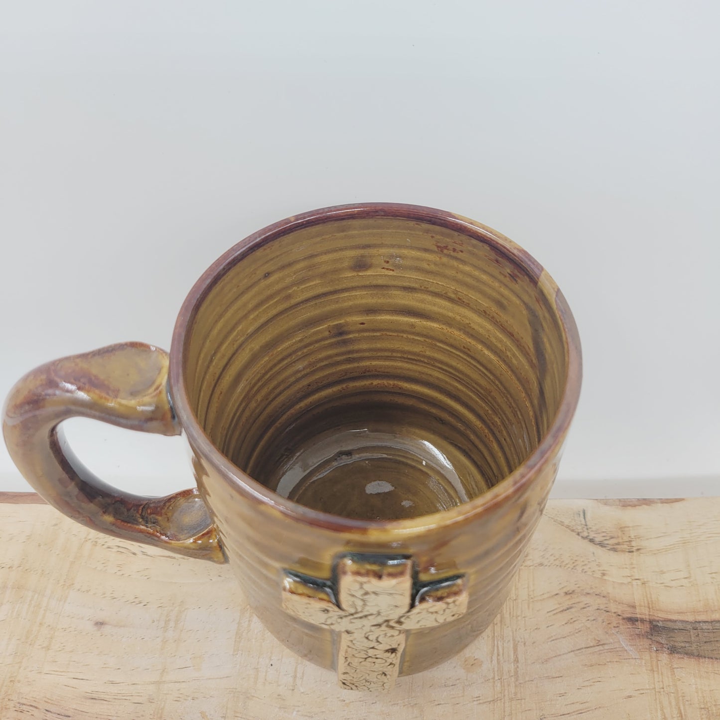 Cross Coffee Cup with Delicate Floral Pattern | Christian Mug | Easter Morning | 16 Ounces | Caramel Brown