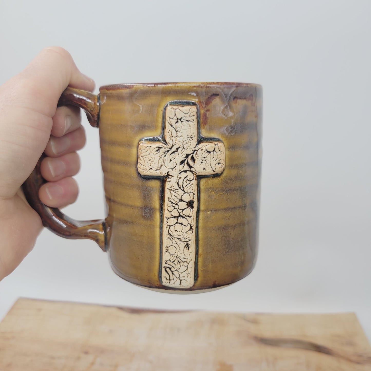 Cross Coffee Cup with Delicate Floral Pattern | Christian Mug | Easter Morning | 16 Ounces | Caramel Brown