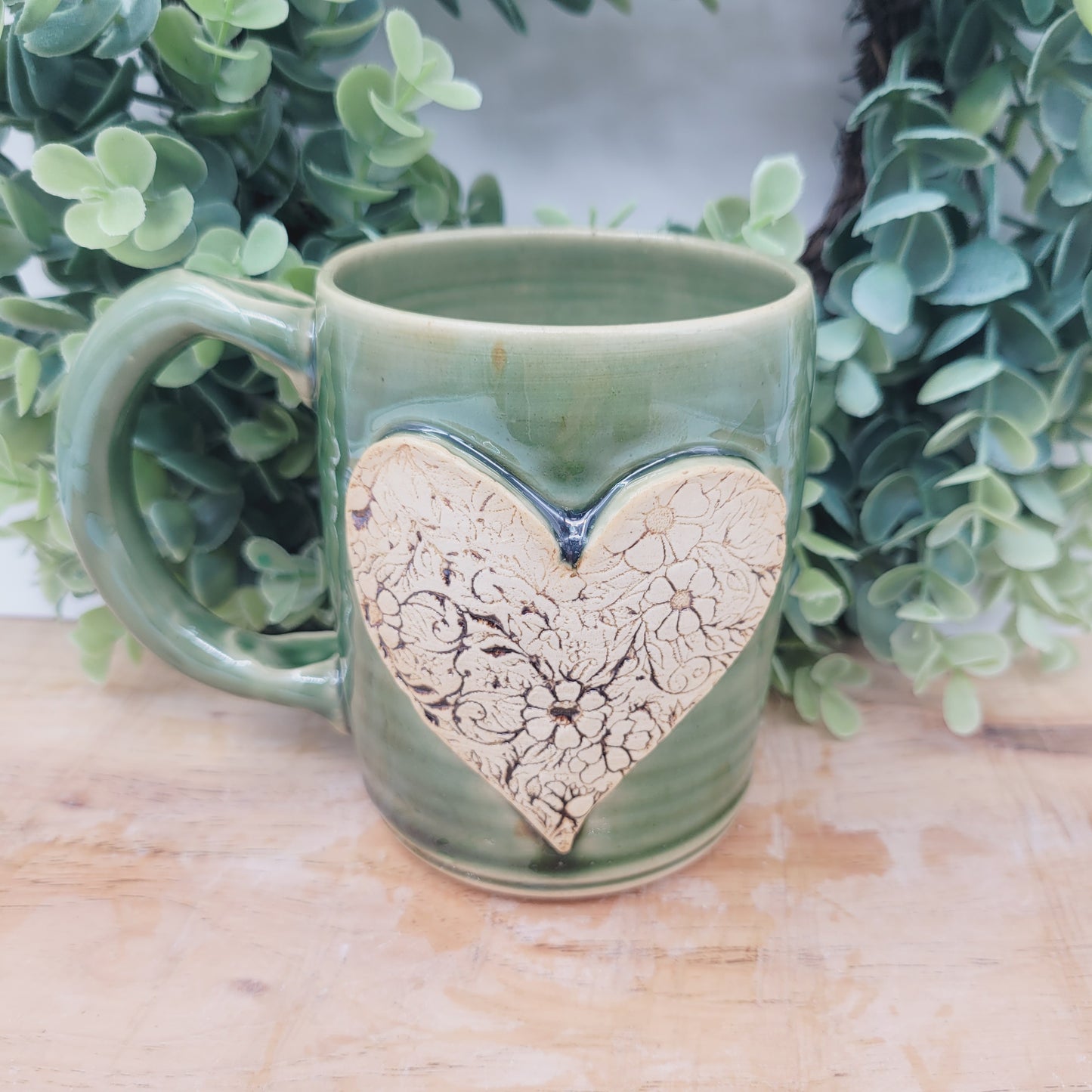 Charming Flower Heart Hot Tea Mug | Green | Floral Pattern Design | Cute 12 Ounce Coffee Cup | Sweet Gifts for Mom Mother's Day