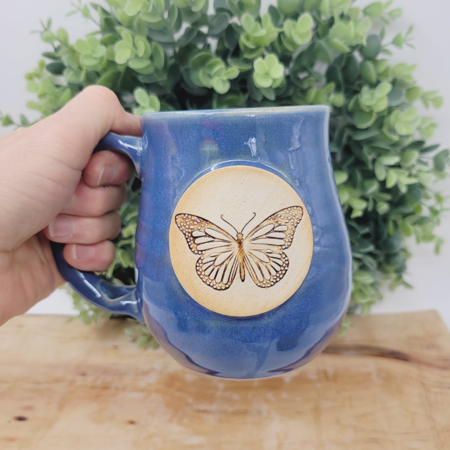 Butterfly Coffee Cup | Bug Mugs | Earth Tones Blue Stoneware Pottery Mug | Nature Lover Summer Spring Garden Mug
