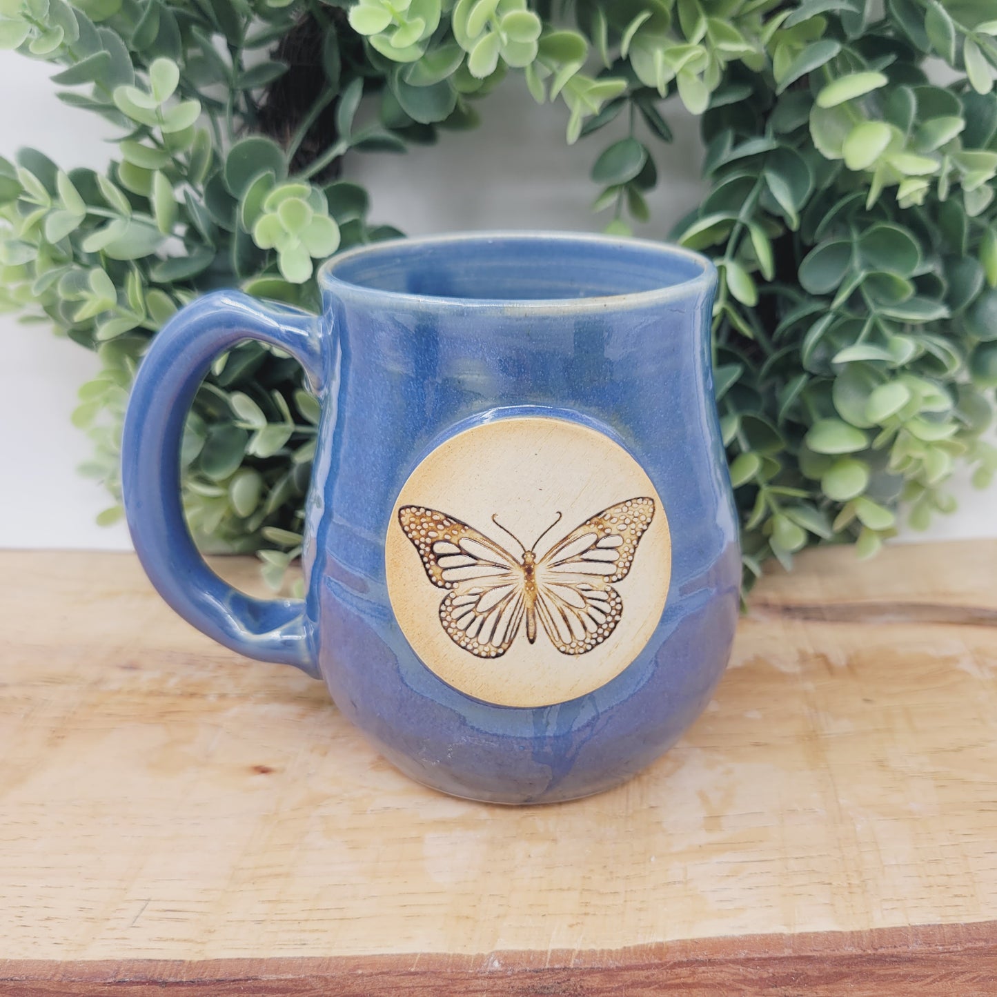 Butterfly Coffee Cup | Bug Mugs | Earth Tones Blue Stoneware Pottery Mug | Nature Lover Summer Spring Garden Mug