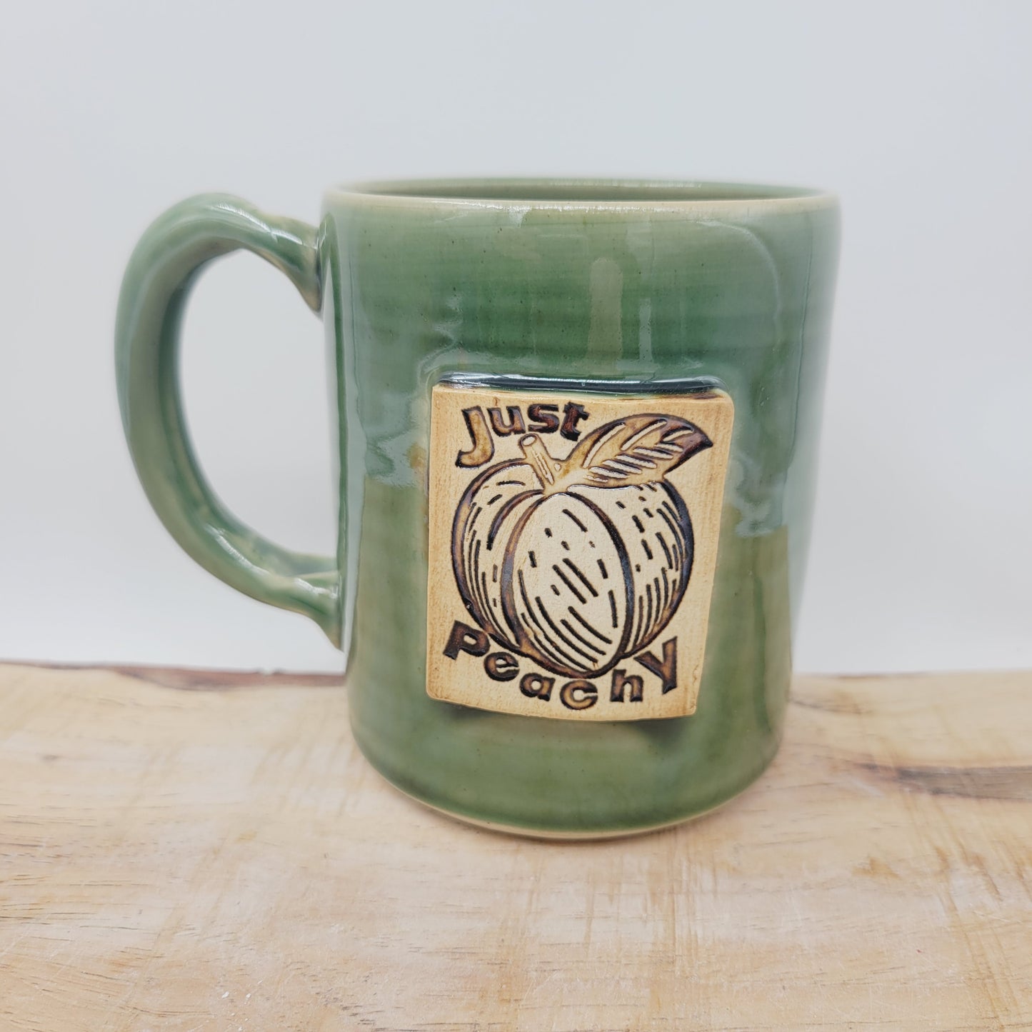 Just Peachy Summer Mug | Fun Sayings Coffee Cup | Handmade Unique Pottery | Green | Large 16 Ounces