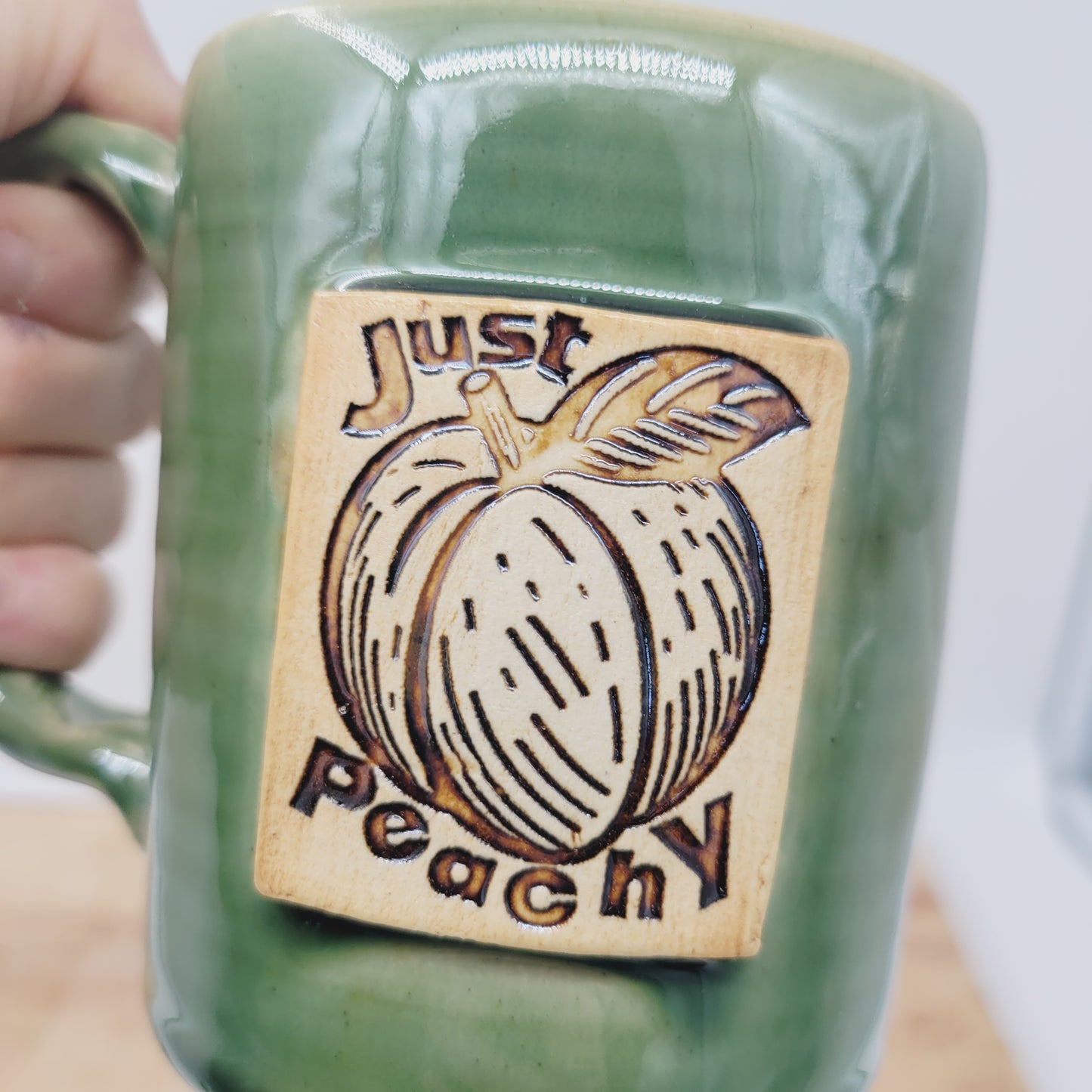 Just Peachy Summer Mug | Fun Sayings Coffee Cup | Handmade Unique Pottery | Green | Large 16 Ounces