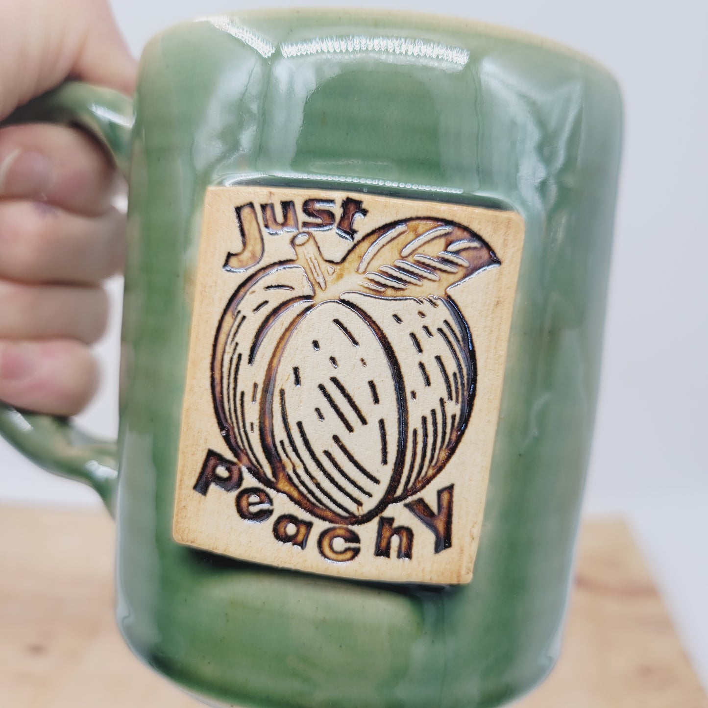 Just Peachy Summer Mug | Fun Sayings Coffee Cup | Handmade Unique Pottery | Green | Large 16 Ounces