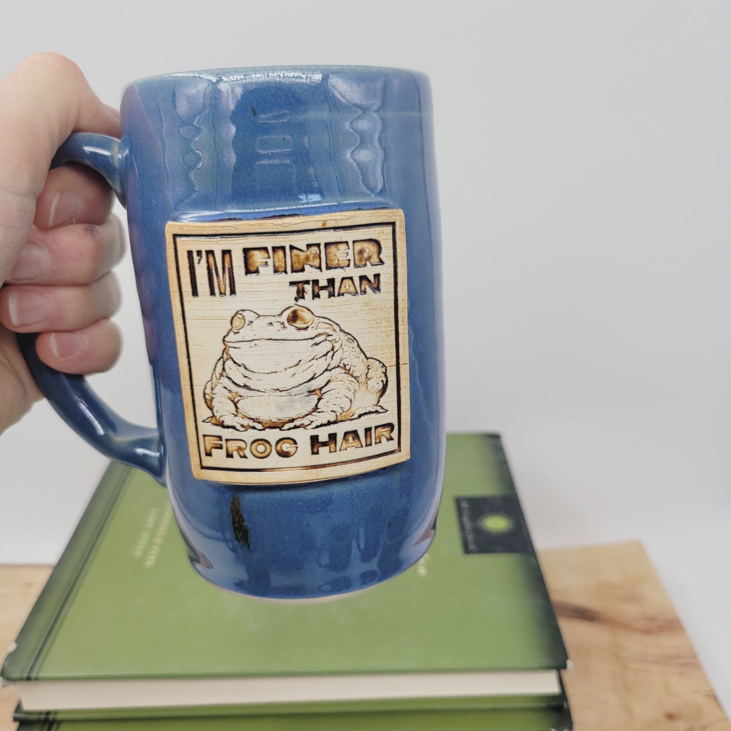 I'm Finer Than Frog Hair Mug | Funny Southern Sayings Coffee Cup | Fat Frog Toad Lover Unique Pottery | Bell-Shaped | Blue | Extra Large