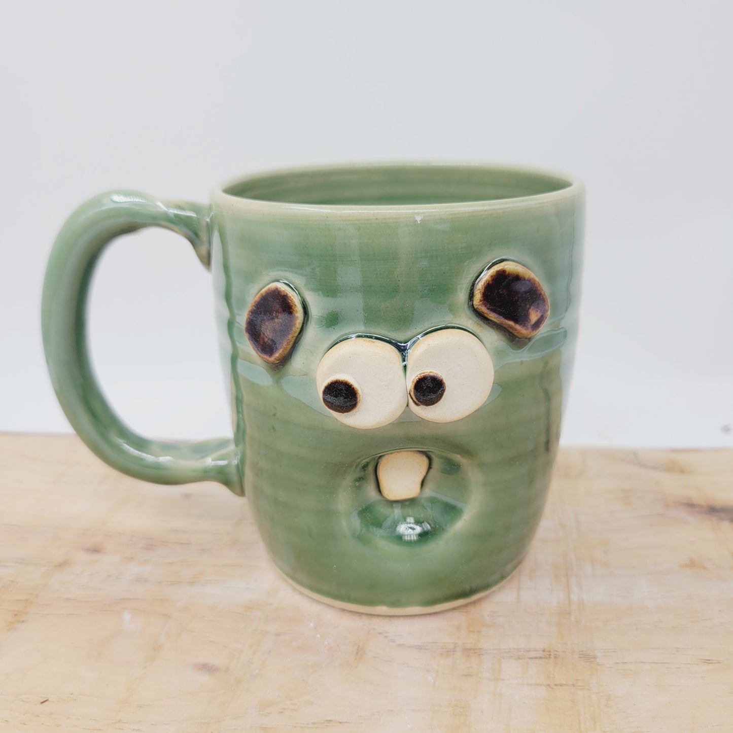 Fun Ceramic Crazy Morning Coffee Cup | Green | Stoneware Pottery Face Mug | Nelson Studio Ug Chug