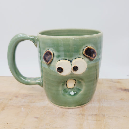 Fun Ceramic Crazy Morning Coffee Cup | Green | Stoneware Pottery Face Mug | Nelson Studio Ug Chug