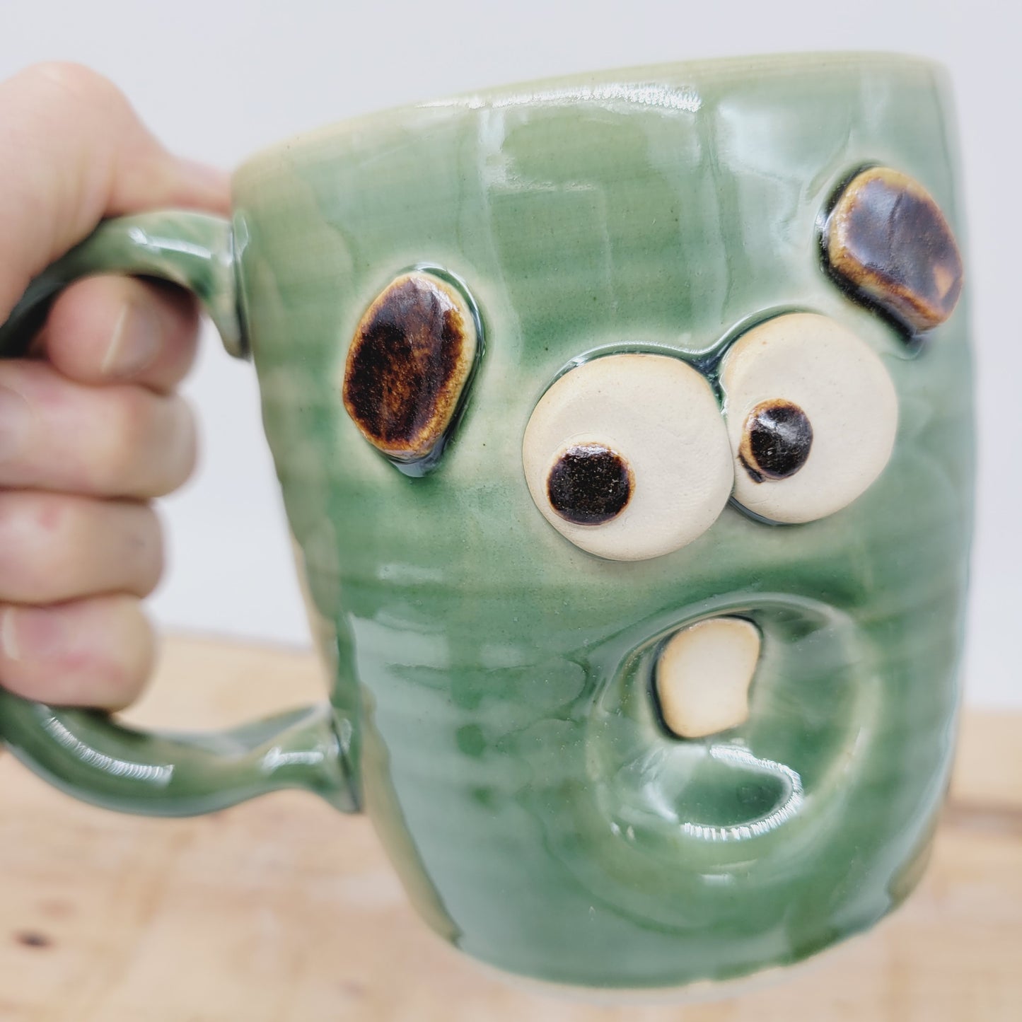 Fun Ceramic Crazy Morning Coffee Cup | Green | Stoneware Pottery Face Mug | Nelson Studio Ug Chug