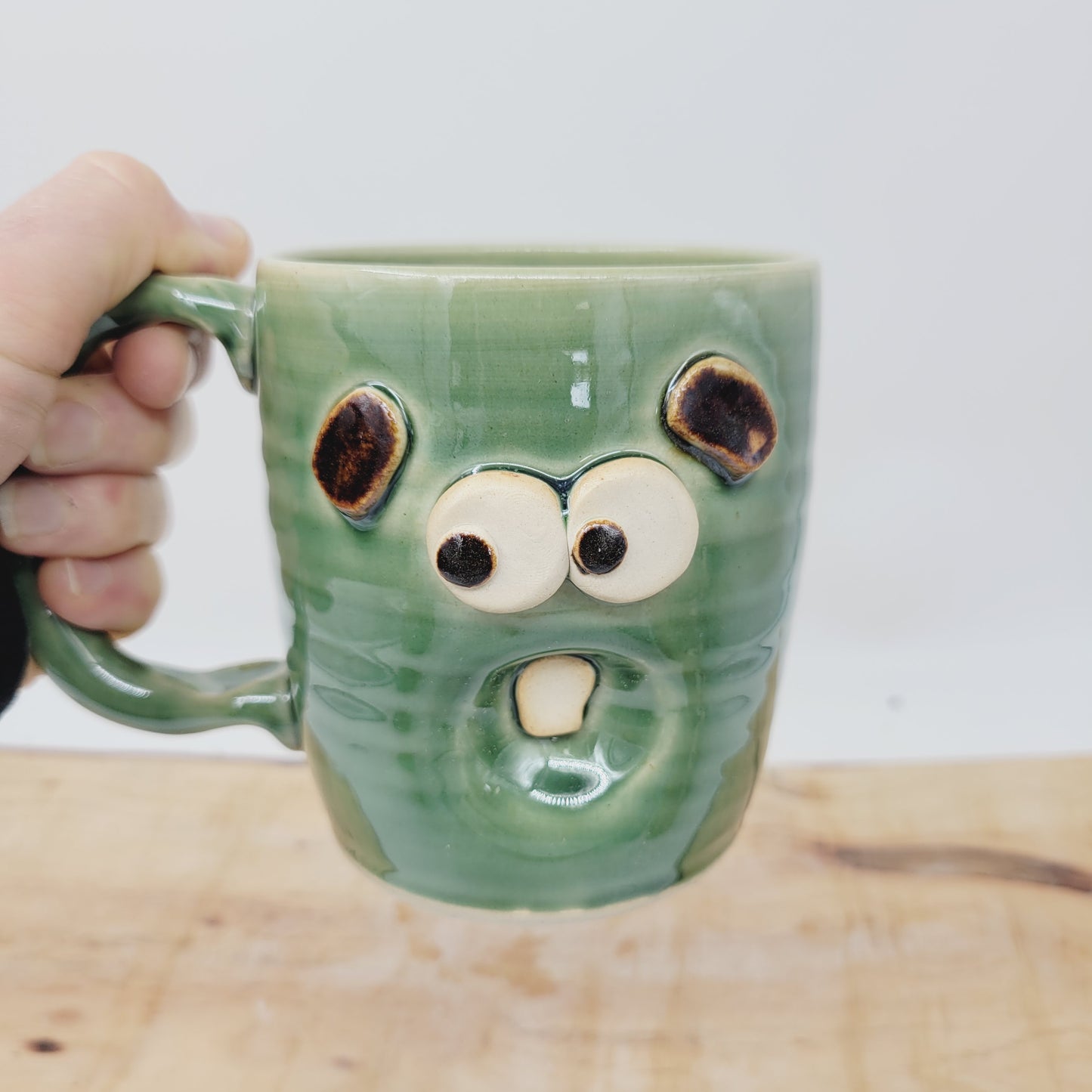 Fun Ceramic Crazy Morning Coffee Cup | Green | Stoneware Pottery Face Mug | Nelson Studio Ug Chug