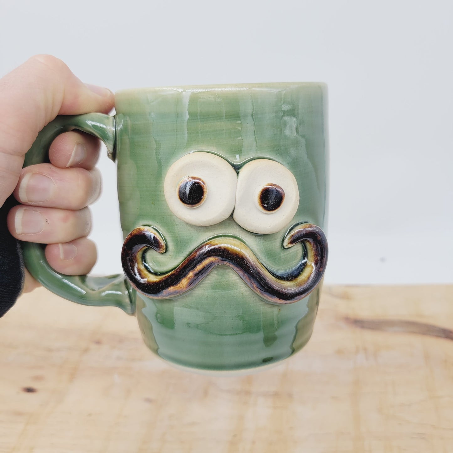 Handlebar Mustache Mug | Funny Man's Pottery Coffee Cup | Nelson Studio Ug Chug | Green | 16 Ounces