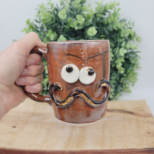 Man's Handlebar Mustache Mug | Ceramic Stoneware Pottery Coffee Cup with Face | Microwave Dishwasher Safe | Rustic Red Brown