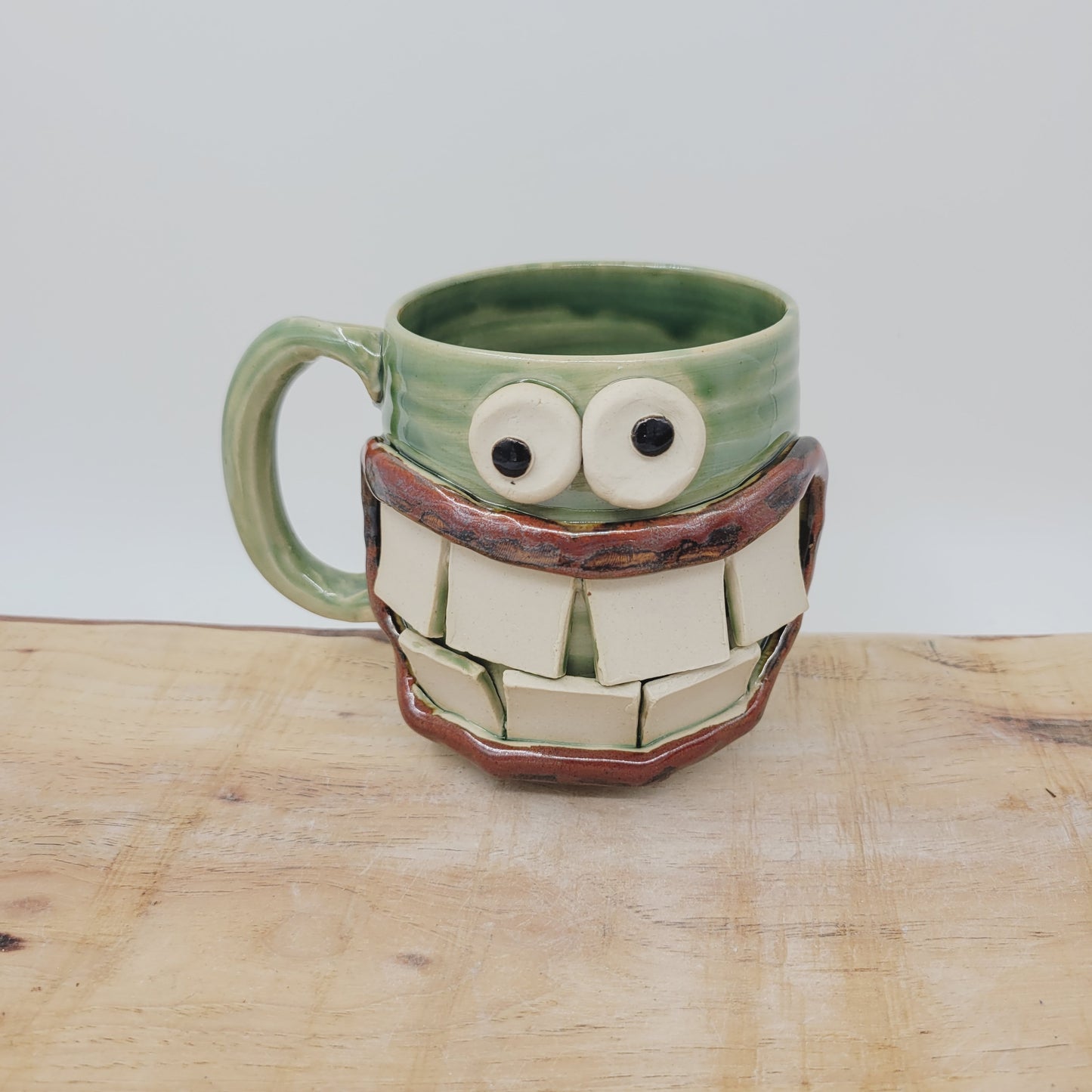 Huge Smiley Face Mug. Big Grin Green Coffee Cups and Mugs. Nelson Studio Handmade Stoneware Pottery Tankard. 16 Ounces