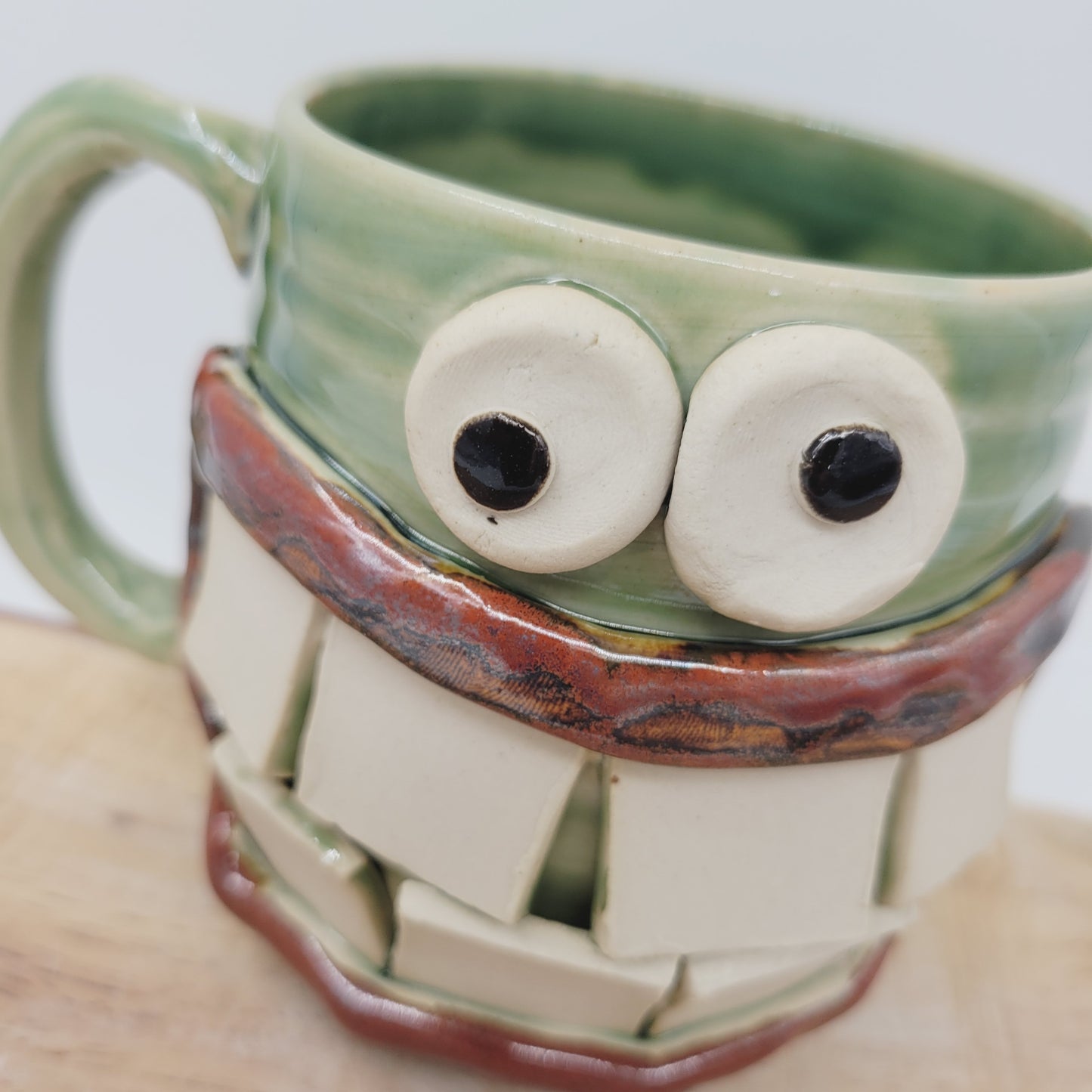 Huge Smiley Face Mug. Big Grin Green Coffee Cups and Mugs. Nelson Studio Handmade Stoneware Pottery Tankard. 16 Ounces