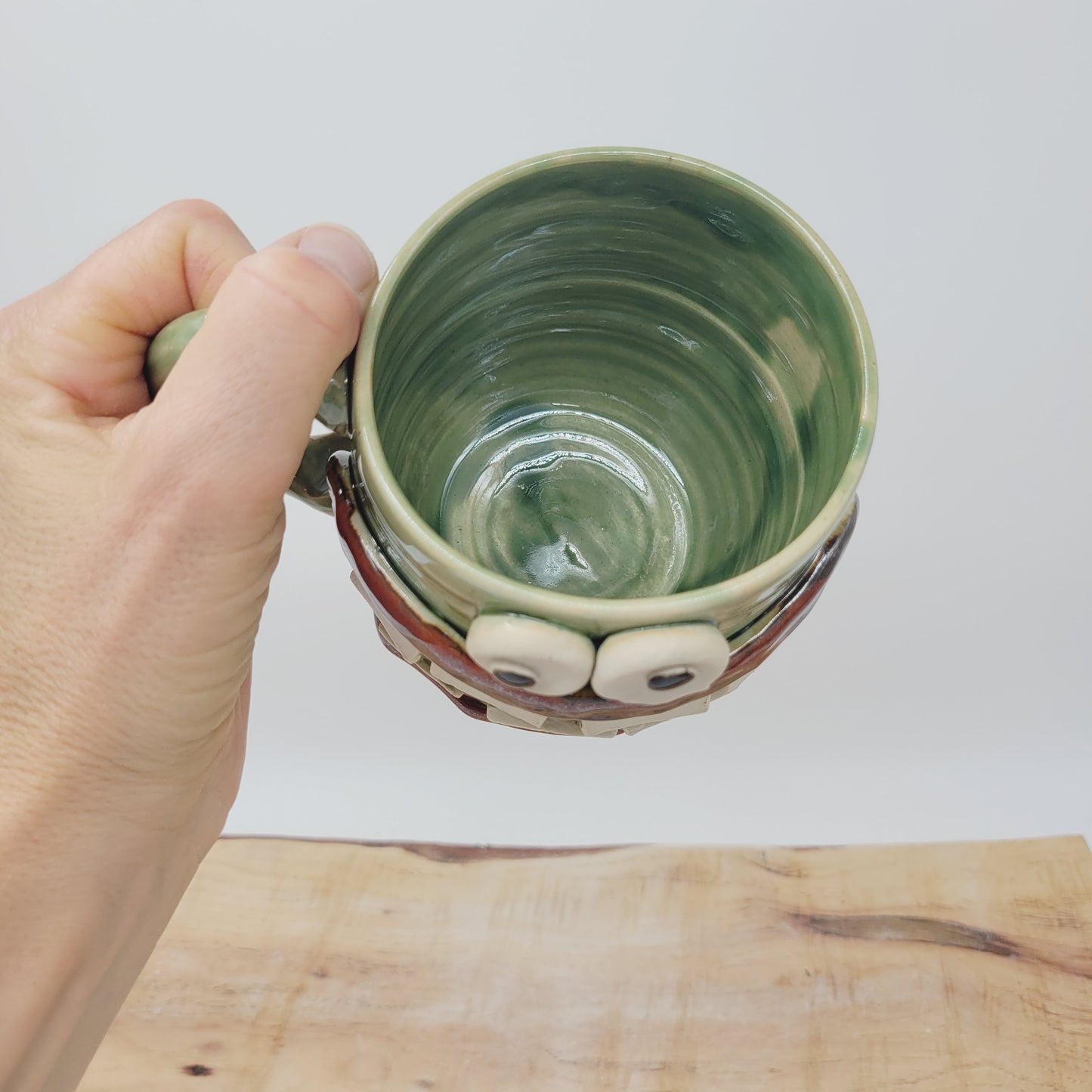 Huge Smiley Face Mug. Big Grin Green Coffee Cups and Mugs. Nelson Studio Handmade Stoneware Pottery Tankard. 16 Ounces