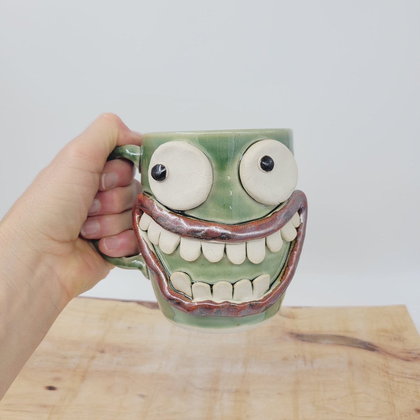 Huge Coffee Mug. New Limited Edition OOAK. Extra Large 18 Ounce Green Handmade Pottery Face Mug. Funny Coffee Lovers