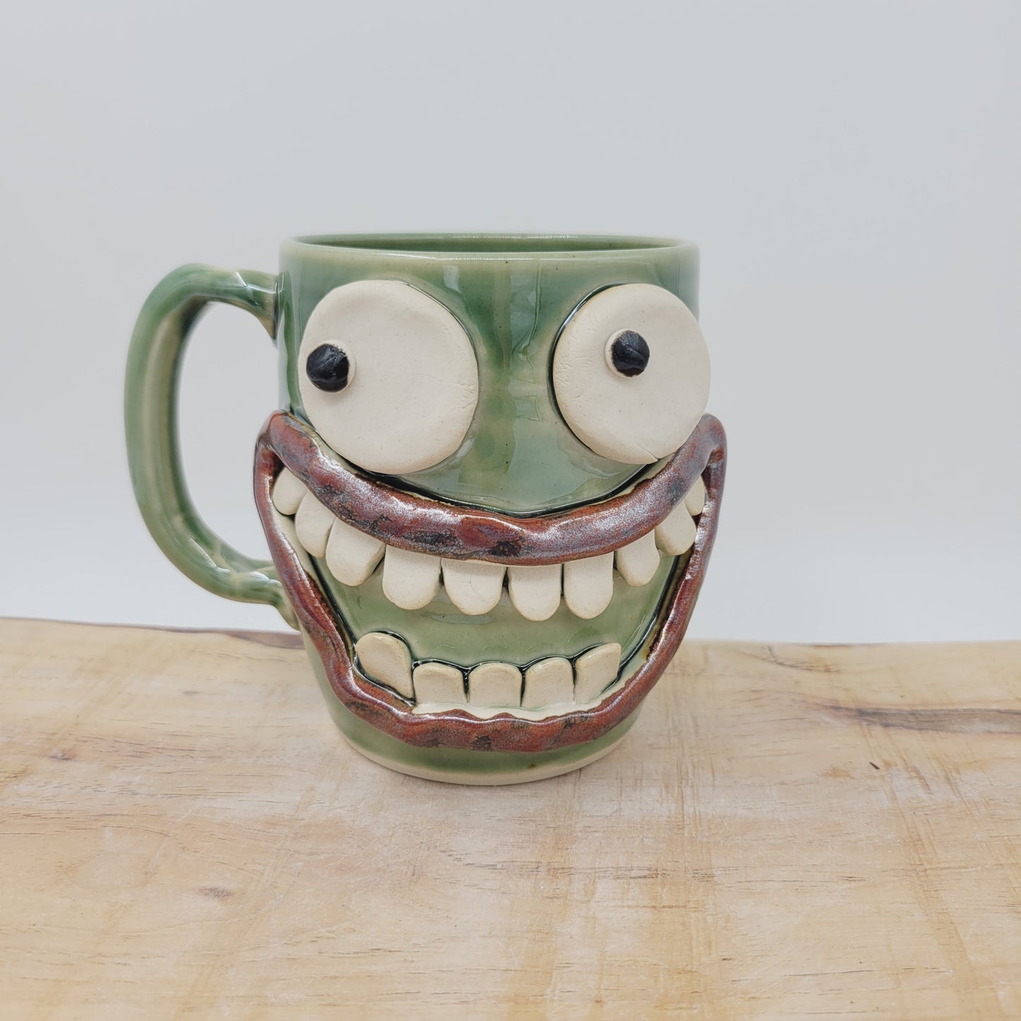 Huge Coffee Mug. New Limited Edition OOAK. Extra Large 18 Ounce Green Handmade Pottery Face Mug. Funny Coffee Lovers