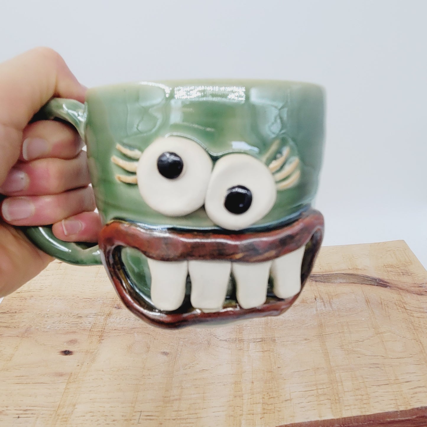 Crazy Coffee Cup| Funny Woman Smiley Face | 14-16 OZ Green | Unique Handmade Stoneware Pottery
