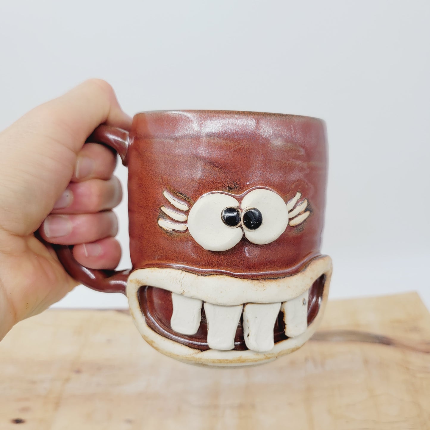 Woman's Fun Face Mug | Cheerful Ladies Coffee Cup | Microwave Dishwasher Safe | Rustic Red
