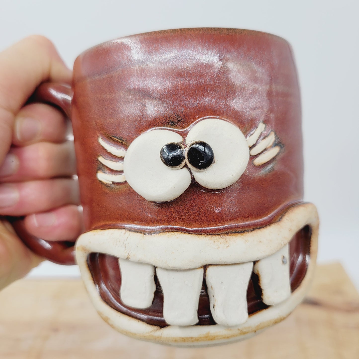Woman's Fun Face Mug | Cheerful Ladies Coffee Cup | Microwave Dishwasher Safe | Rustic Red