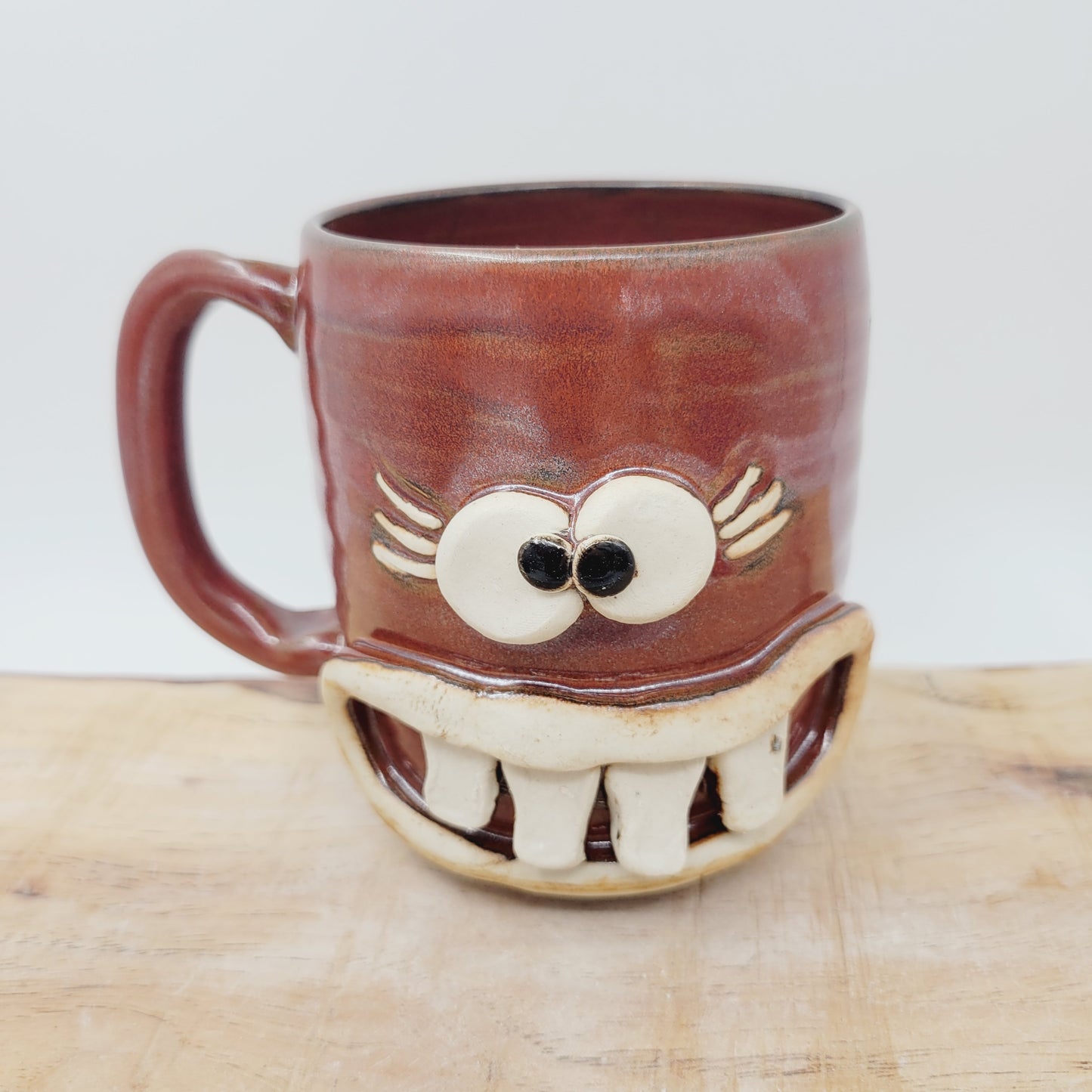Woman's Fun Face Mug | Cheerful Ladies Coffee Cup | Microwave Dishwasher Safe | Rustic Red