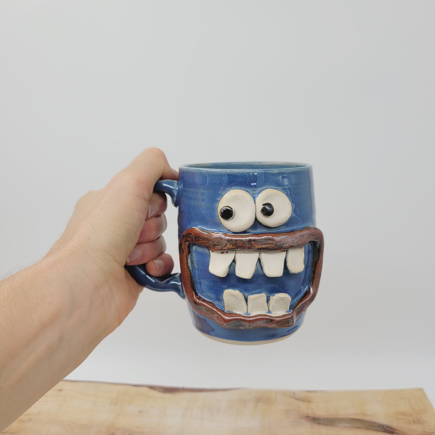 Funny Smiley Face Mug | Handmade Pottery Coffee Cups | Fun Gifts for Men Dad Husband | Ceramic Stoneware | 16 Ounces Large | Blue
