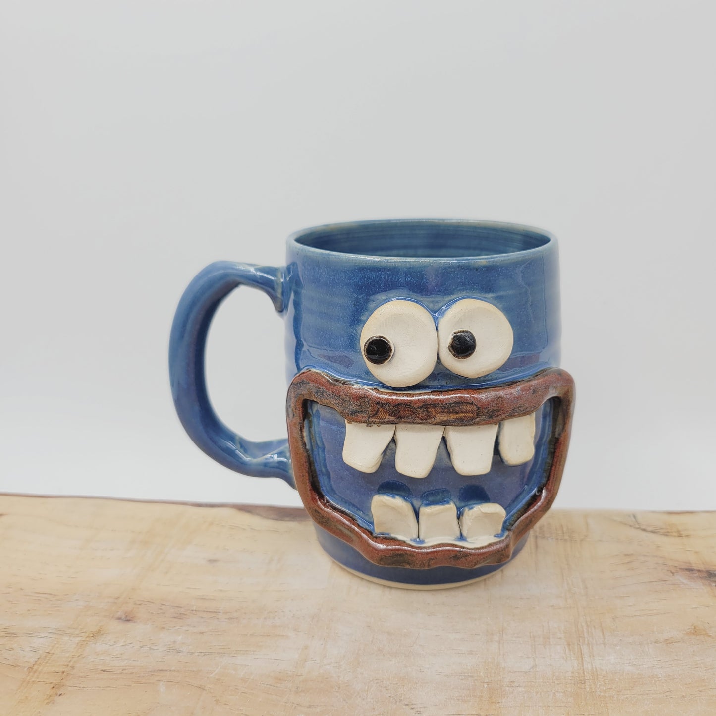 Funny Smiley Face Mug | Handmade Pottery Coffee Cups | Fun Gifts for Men Dad Husband | Ceramic Stoneware | 16 Ounces Large | Blue