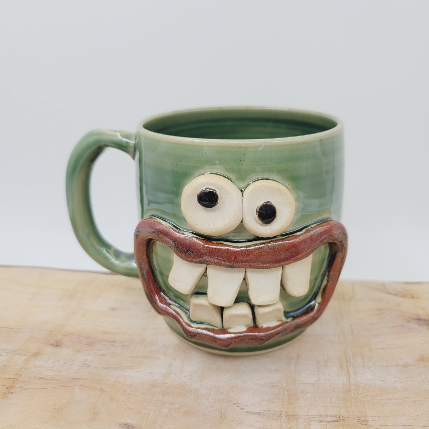 Green Smiley Face Coffee Cup | 16 Ounces | Handmade Stoneware Pottery
