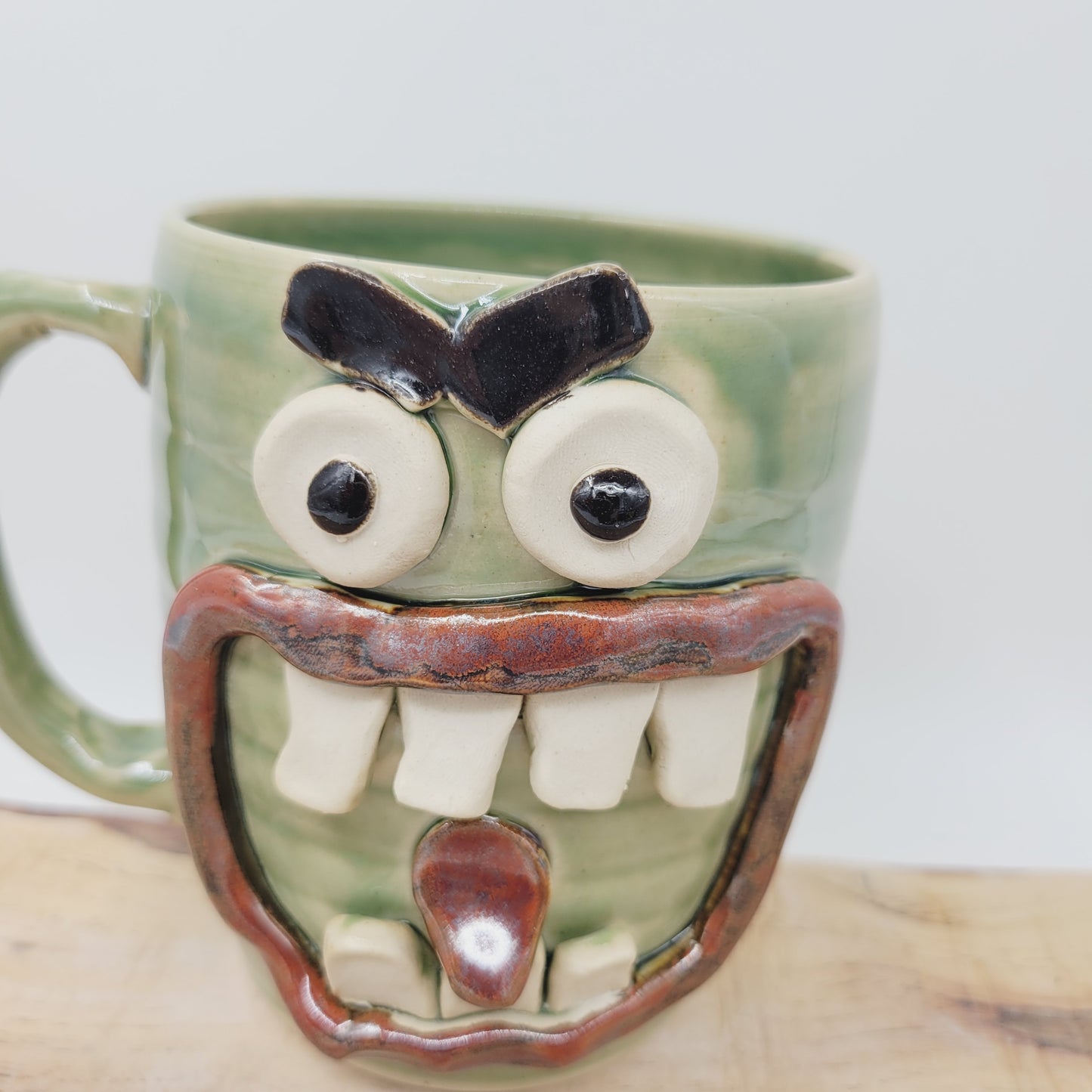 Smell of Fresh Coffee | Extra Large 24 Oz Smiley Face Mug | Green Beer Tankard | Handmade Stoneware Pottery | Nelson Studio Ug Chug