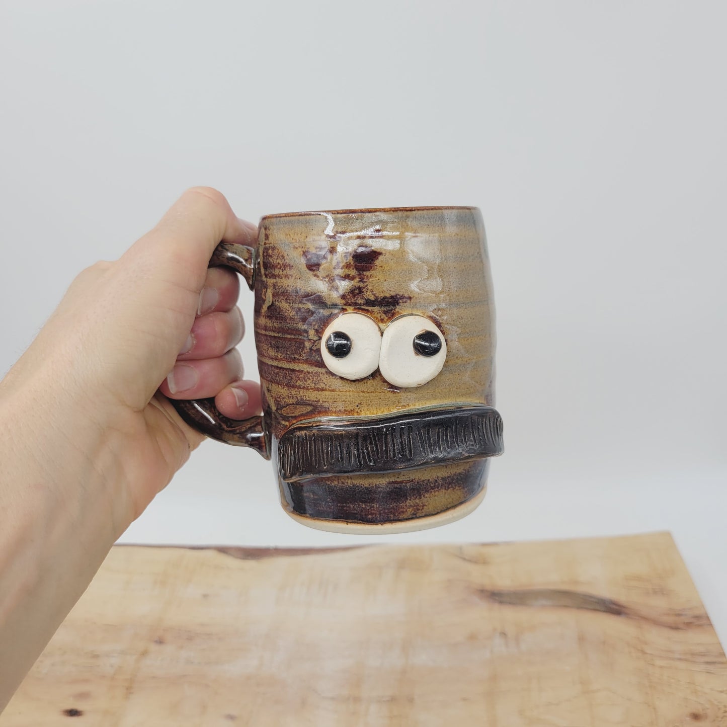 Man's Bushy Mustache Mug | Ceramic Stoneware Pottery Coffee Cup | Microwave Dishwasher Safe | Rusty Brown