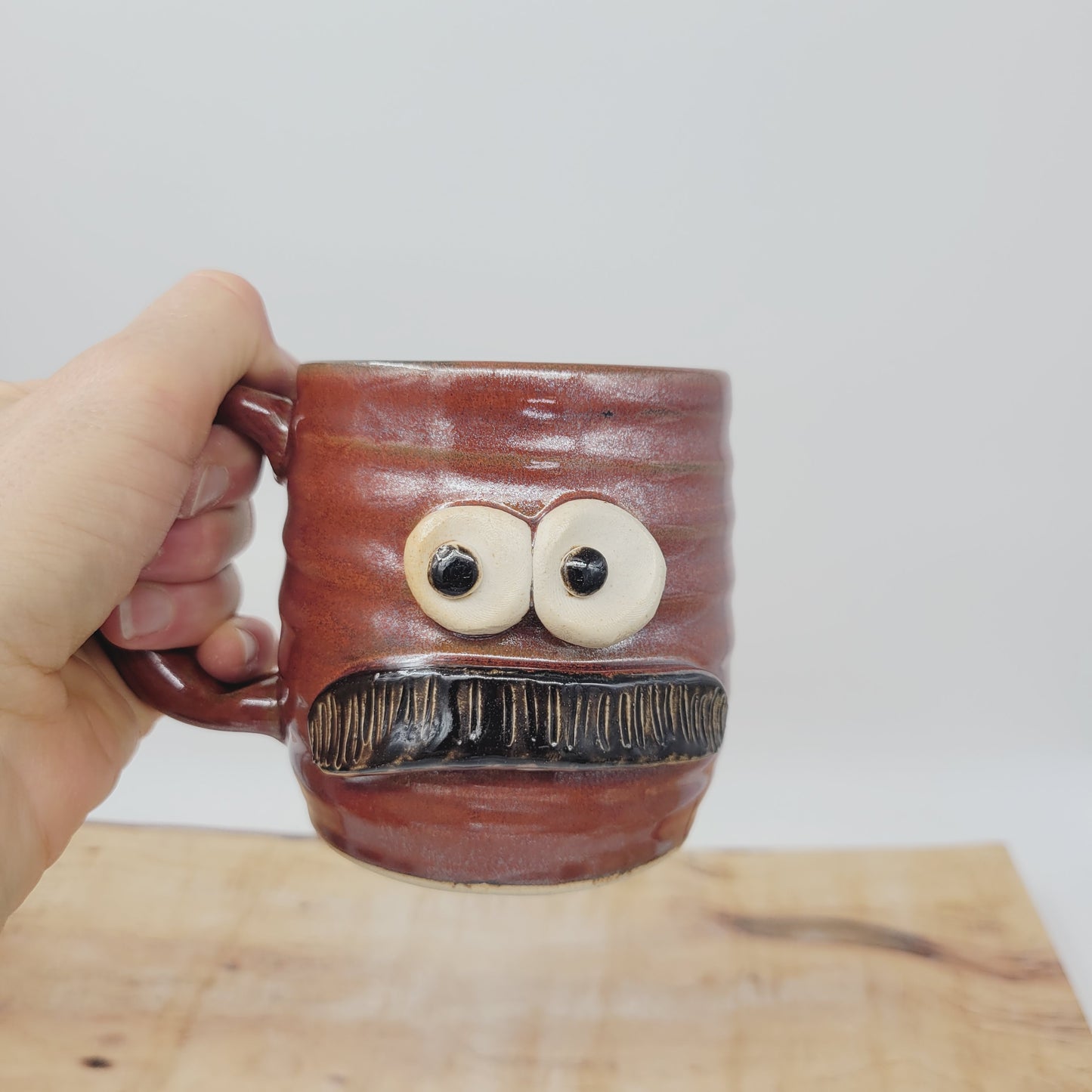 Man's Bushy Mustache Mug | Ceramic Stoneware Pottery Coffee Cup | Microwave Dishwasher Safe | Rustic Red Brown