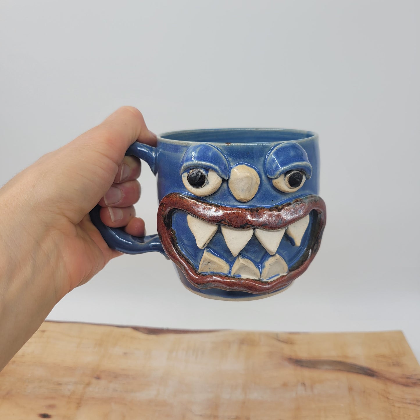 Monster Mug with Horn | Handmade Pottery Coffee Cups | Funny Creature Face Mug | 16 Oz | Blue
