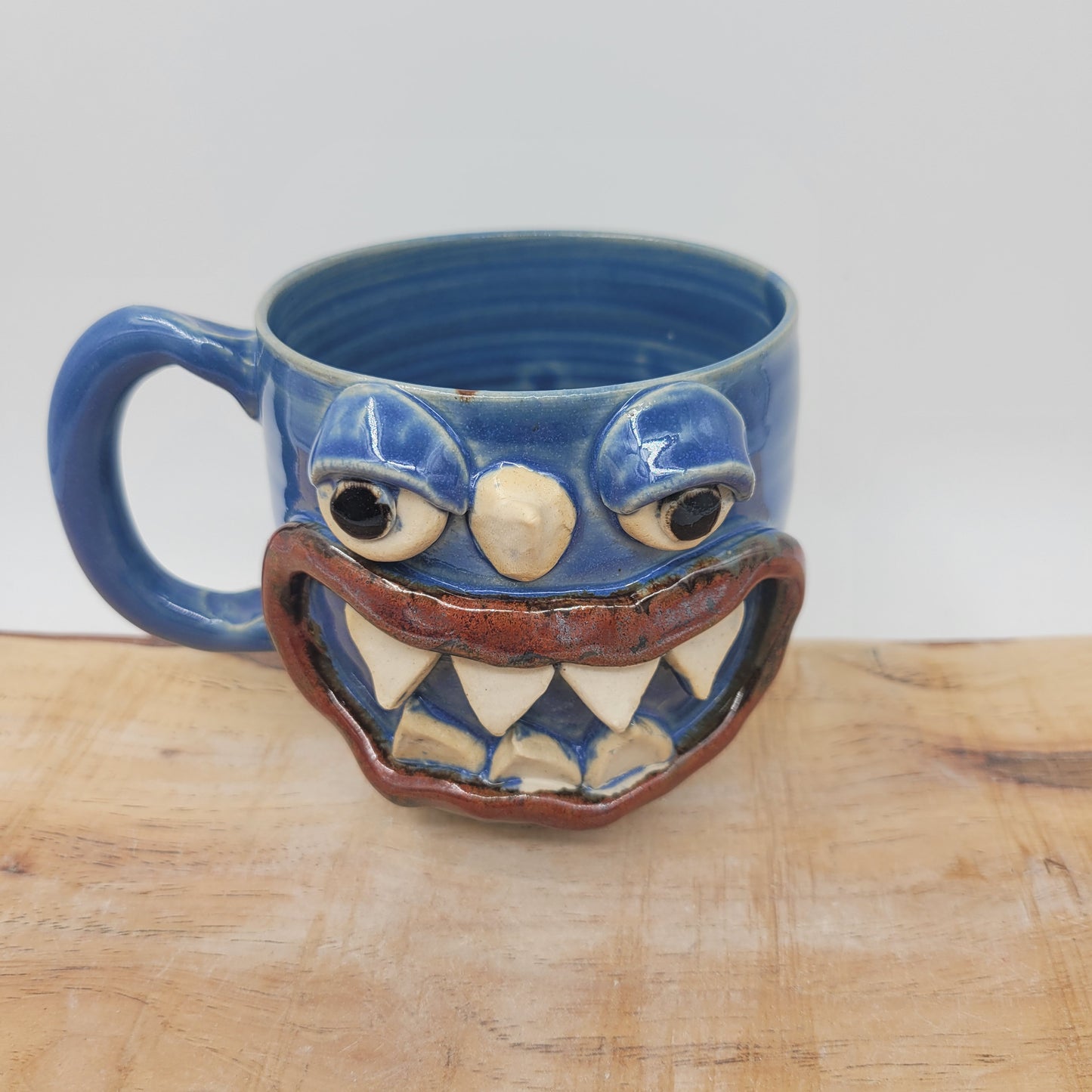 Monster Mug with Horn | Handmade Pottery Coffee Cups | Funny Creature Face Mug | 16 Oz | Blue