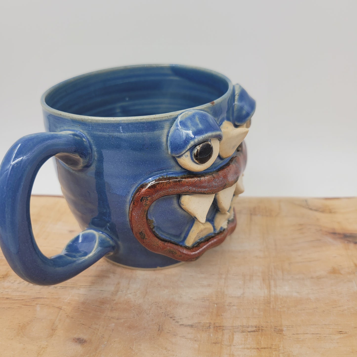 Monster Mug with Horn | Handmade Pottery Coffee Cups | Funny Creature Face Mug | 16 Oz | Blue