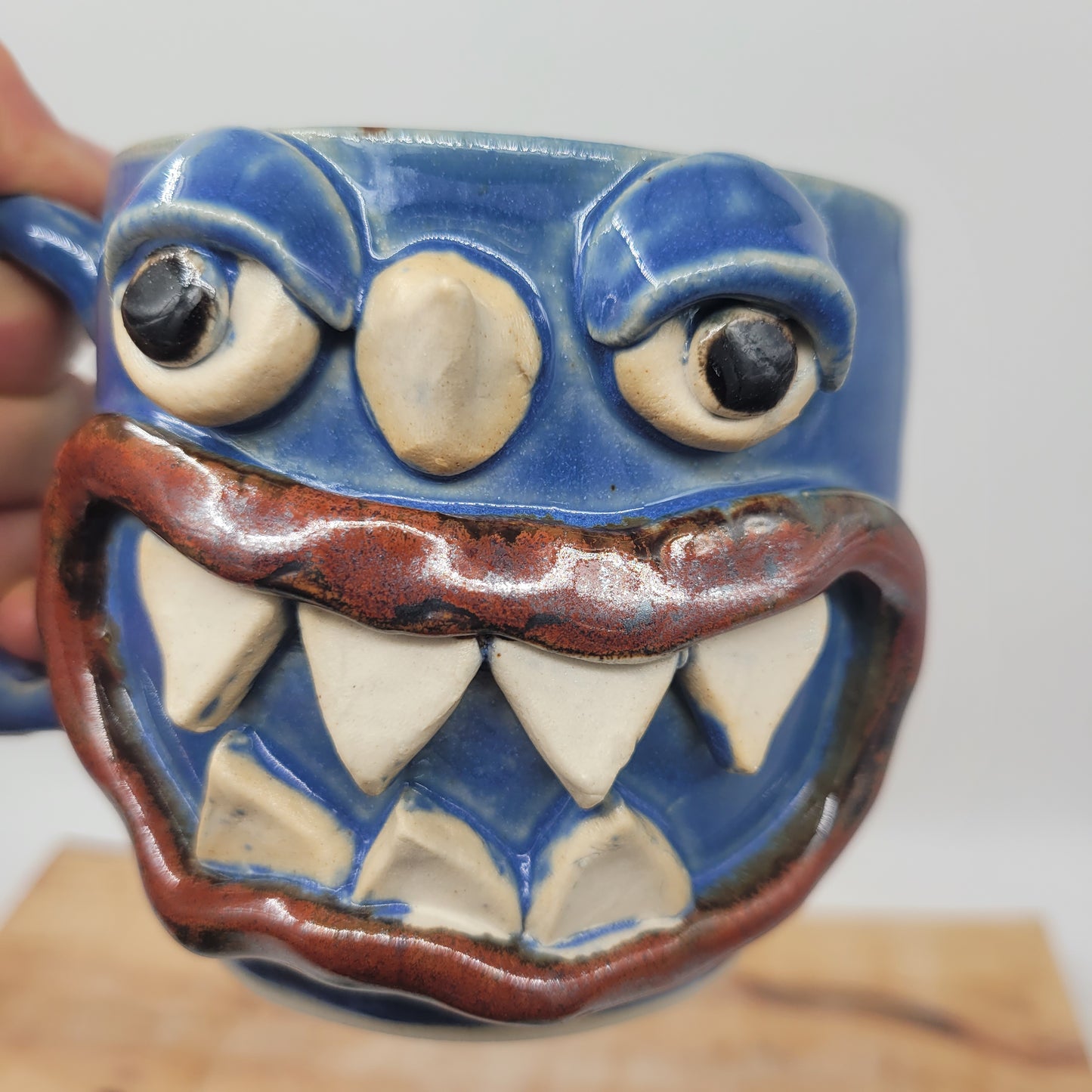 Monster Mug with Horn | Handmade Pottery Coffee Cups | Funny Creature Face Mug | 16 Oz | Blue