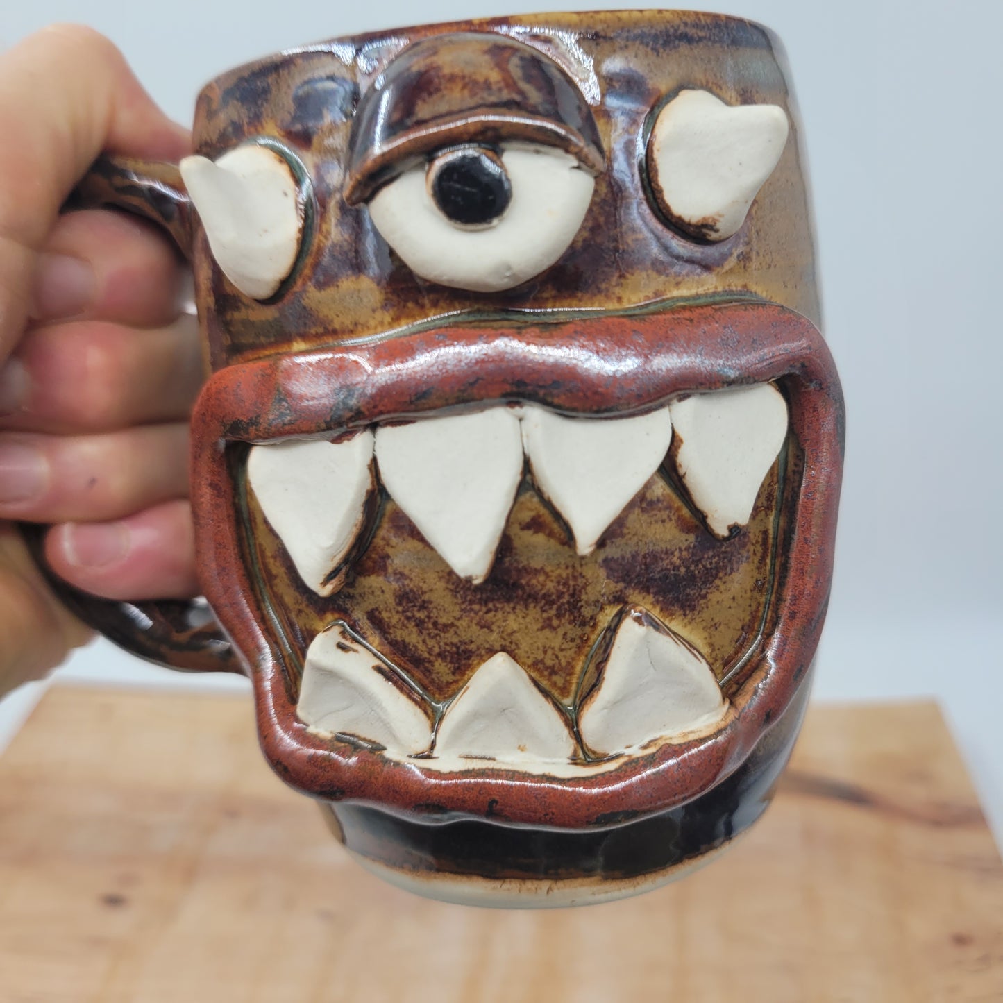 Sleepy Monster Mug | Not a Morning Person Coffee Cup | Funny Creature Face Mug | 16 Oz | Rusty Brown