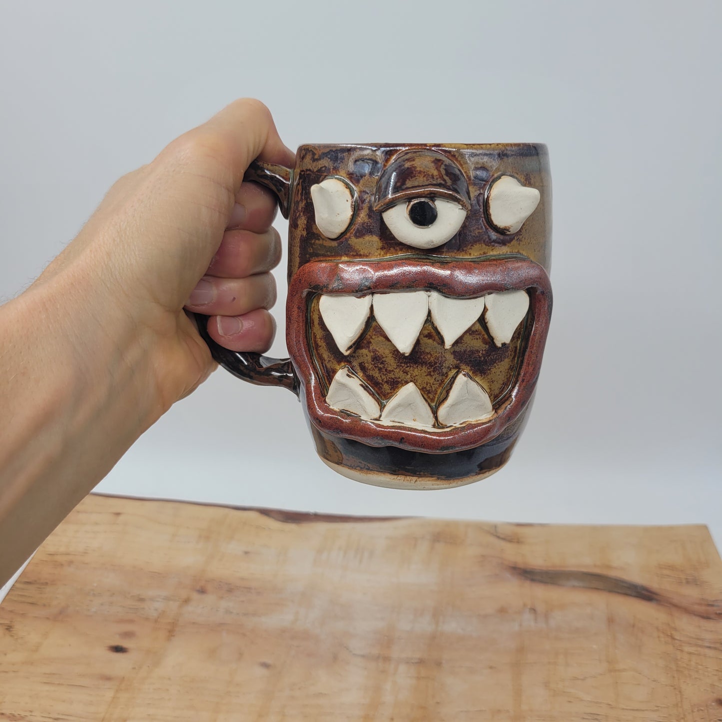 Sleepy Monster Mug | Not a Morning Person Coffee Cup | Funny Creature Face Mug | 16 Oz | Rusty Brown