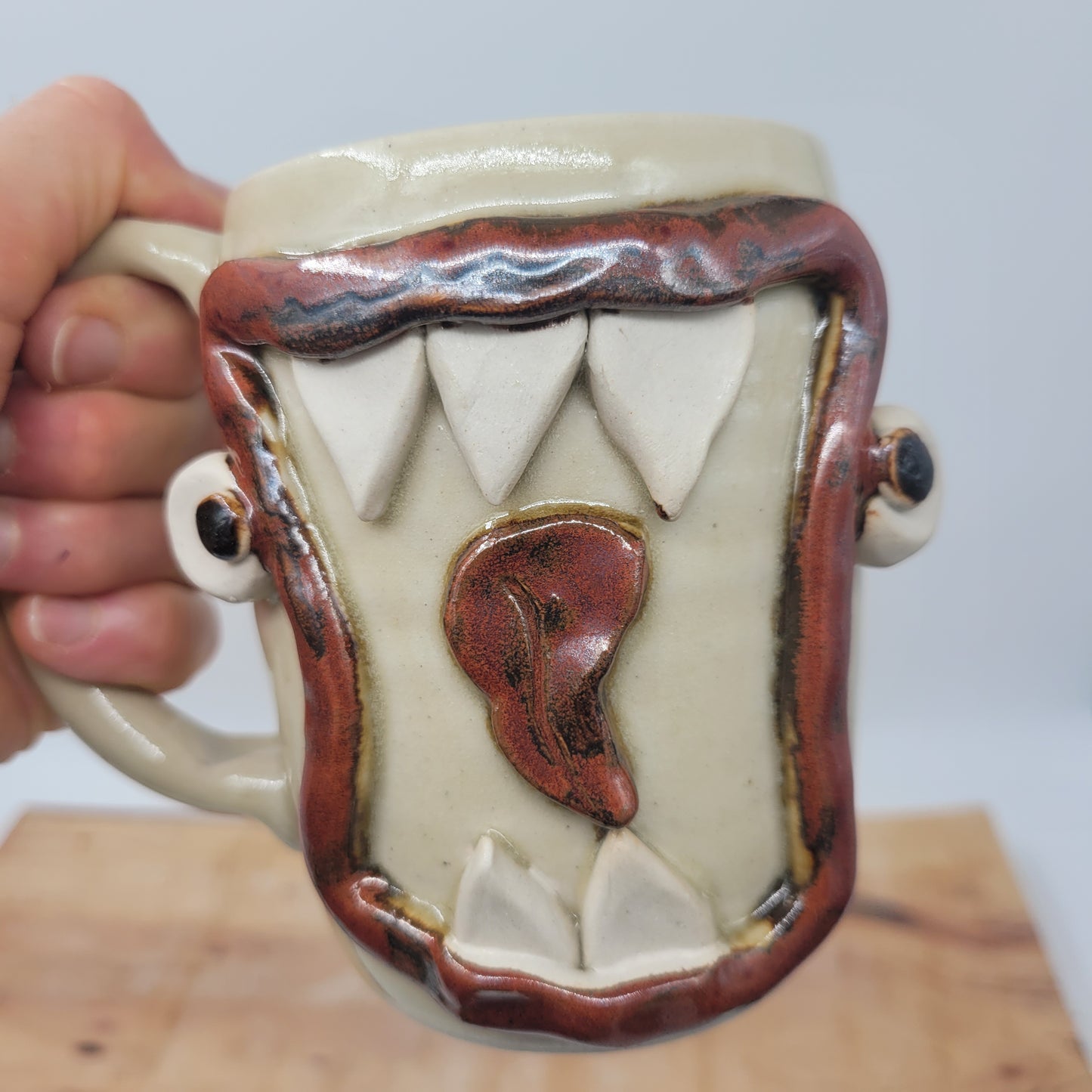 Monster Face Mug Creepy Cute | Handmade Pottery Coffee Cups | Funny Creature with Teeth | 16 Oz | Cream