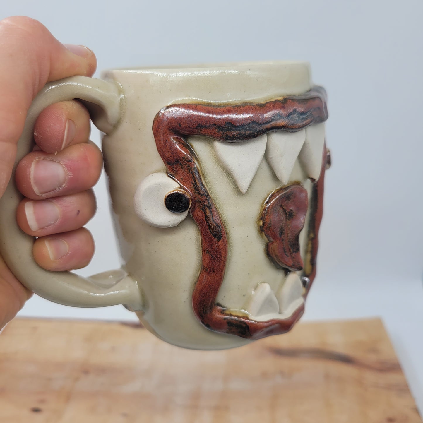 Monster Face Mug Creepy Cute | Handmade Pottery Coffee Cups | Funny Creature with Teeth | 16 Oz | Cream