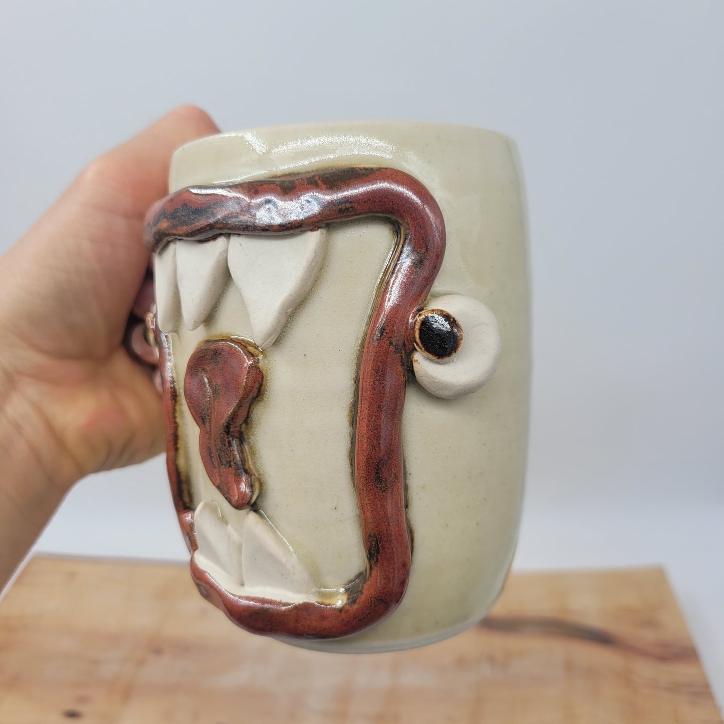 Monster Face Mug Creepy Cute | Handmade Pottery Coffee Cups | Funny Creature with Teeth | 16 Oz | Cream