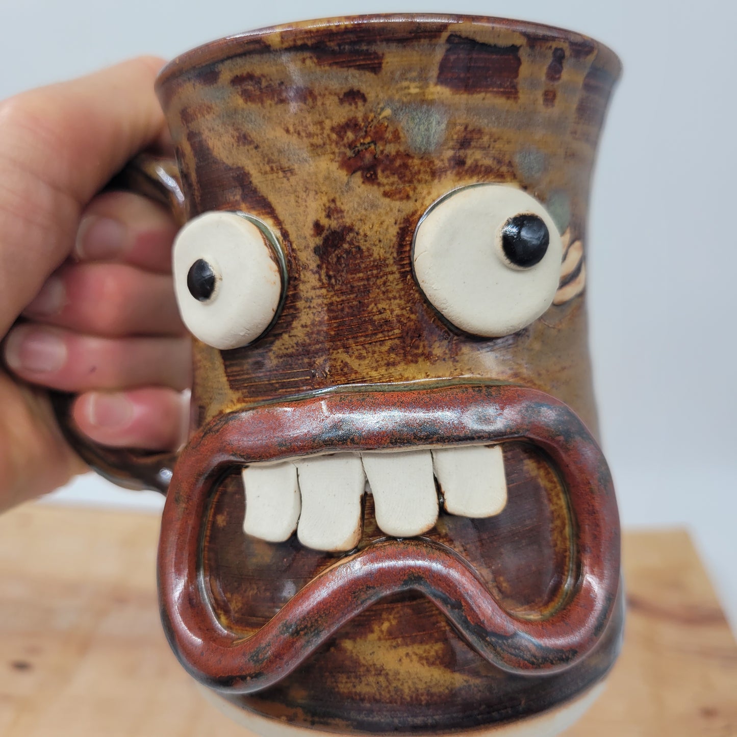 Funny Face Coffee Cup | 16 Ounces | Handmade Stoneware Pottery Mug | Rusty Brown