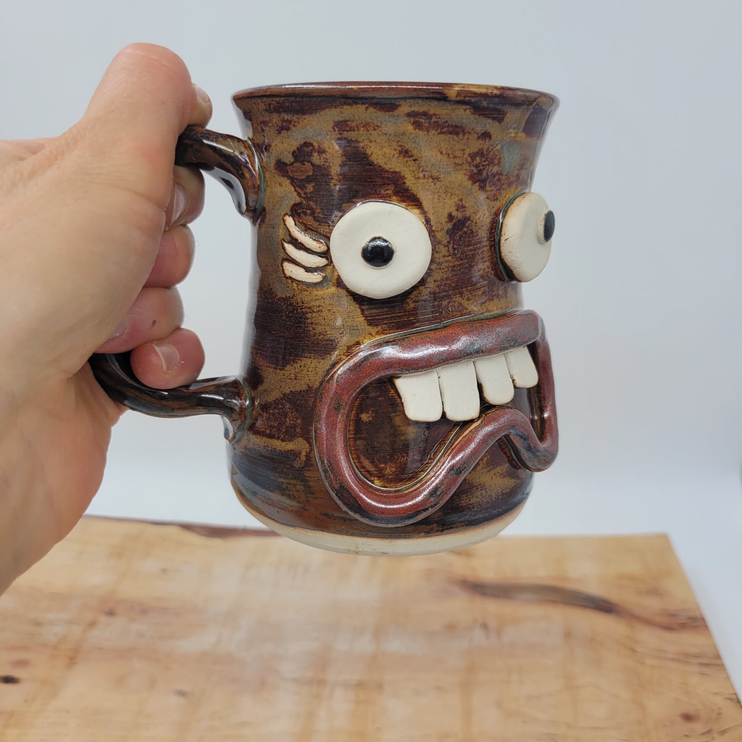 Funny Face Coffee Cup | 16 Ounces | Handmade Stoneware Pottery Mug | Rusty Brown