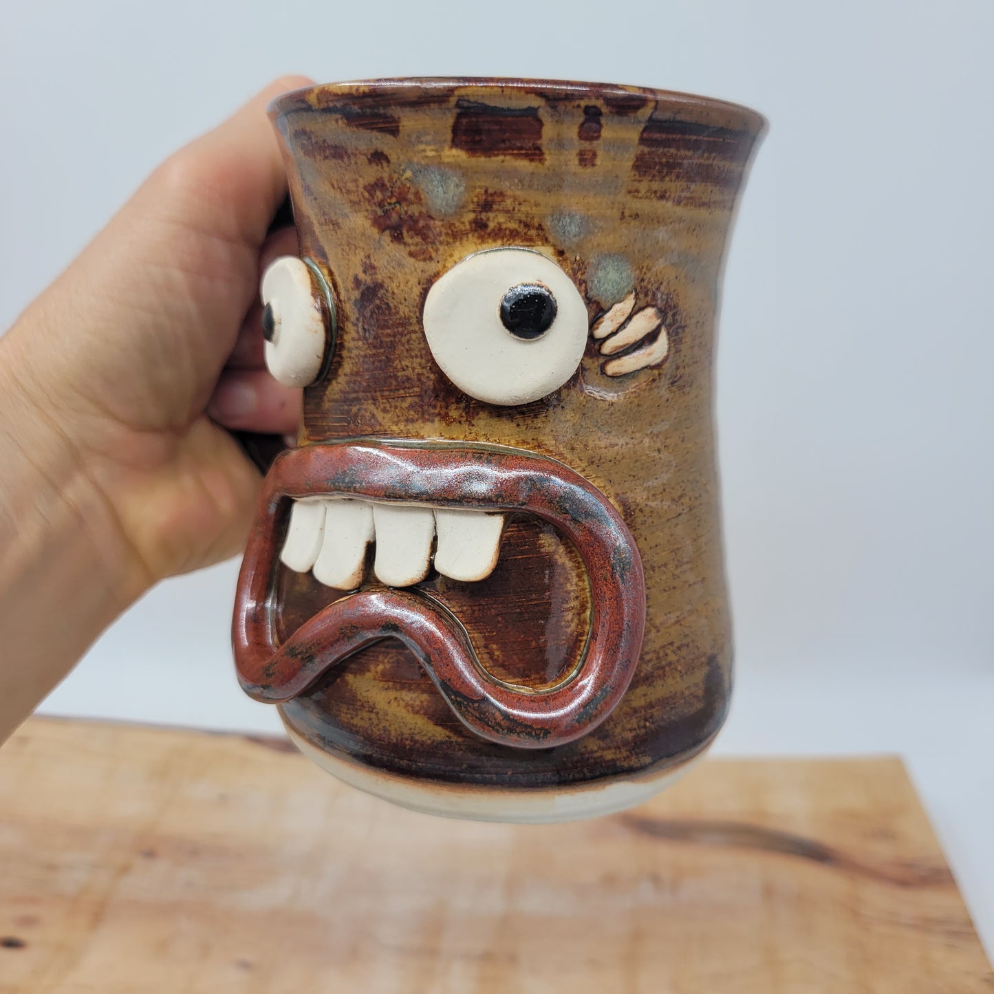 Funny Face Coffee Cup | 16 Ounces | Handmade Stoneware Pottery Mug | Rusty Brown